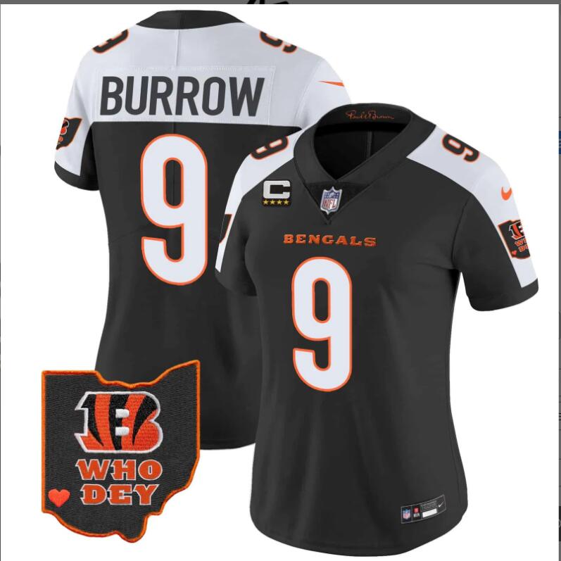 Women Cincinnati Bengals #9 Burrow Ohio Patch Vapor Limited 2024 NFL Nike black jerseys->women nfl jersey->Women Jersey